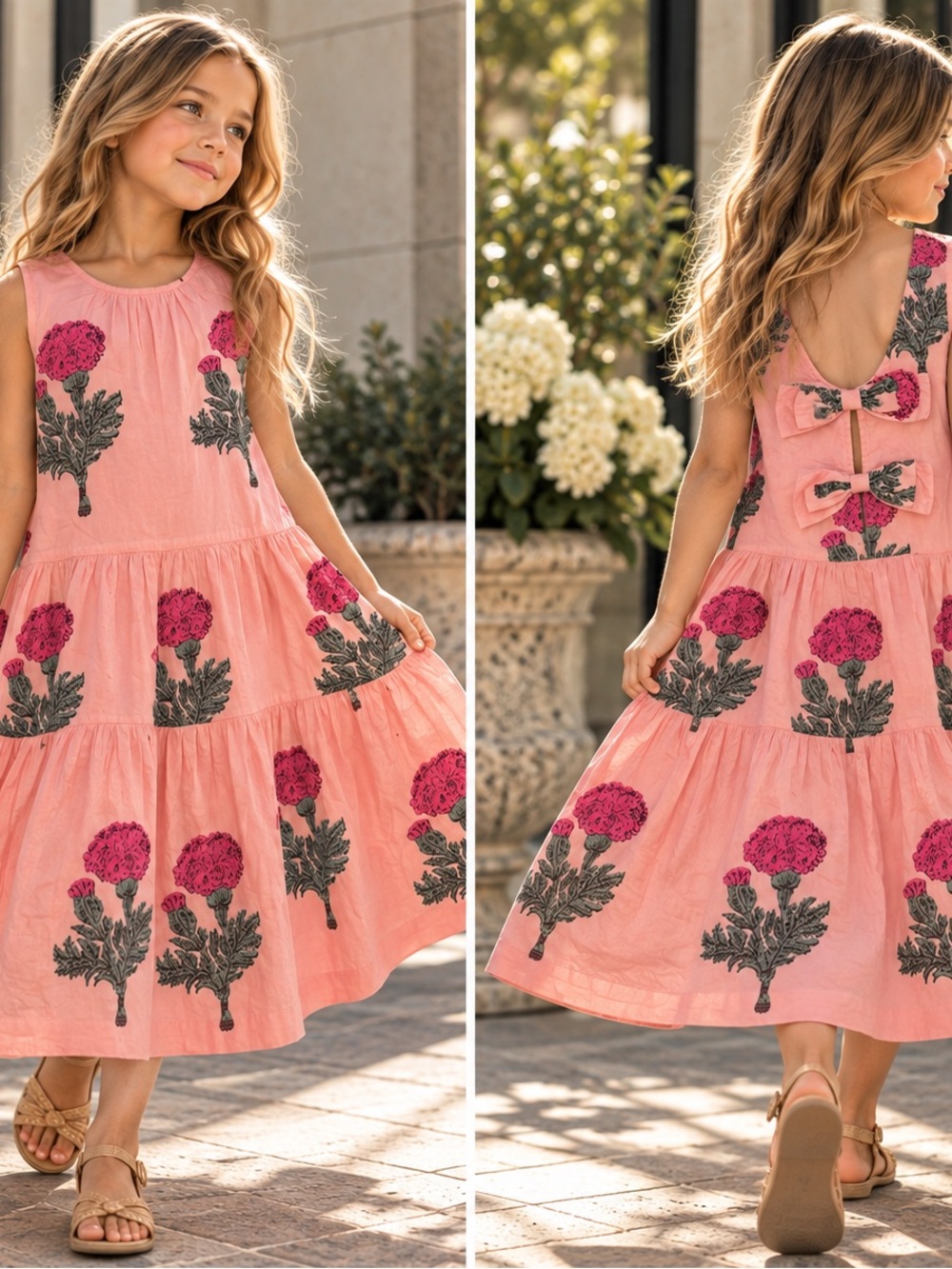 Pink Chicken Pink Floral Tiered Dress with Back Bow Details